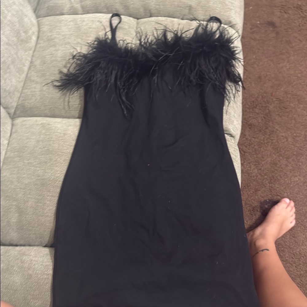Fashion Nova Black Feather Trim Dress